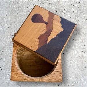 Handmade Hot Air Balloon Silhouette Inlaid Wooden Trinket Box  w/Swivel Lid
